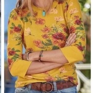 Sundance Sunset Garden Waffle Tee Gold Floral cotton 3/4 sleeves XXL
